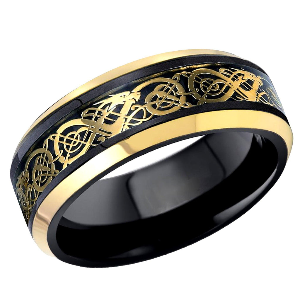 Tungsten Rings for Men Wedding Bands for Him Womens Wedding Bands for Her 6mm Black Yellow Gold Loyal Celtic Dragon Knot - Jewelry Store by Erik Rayo