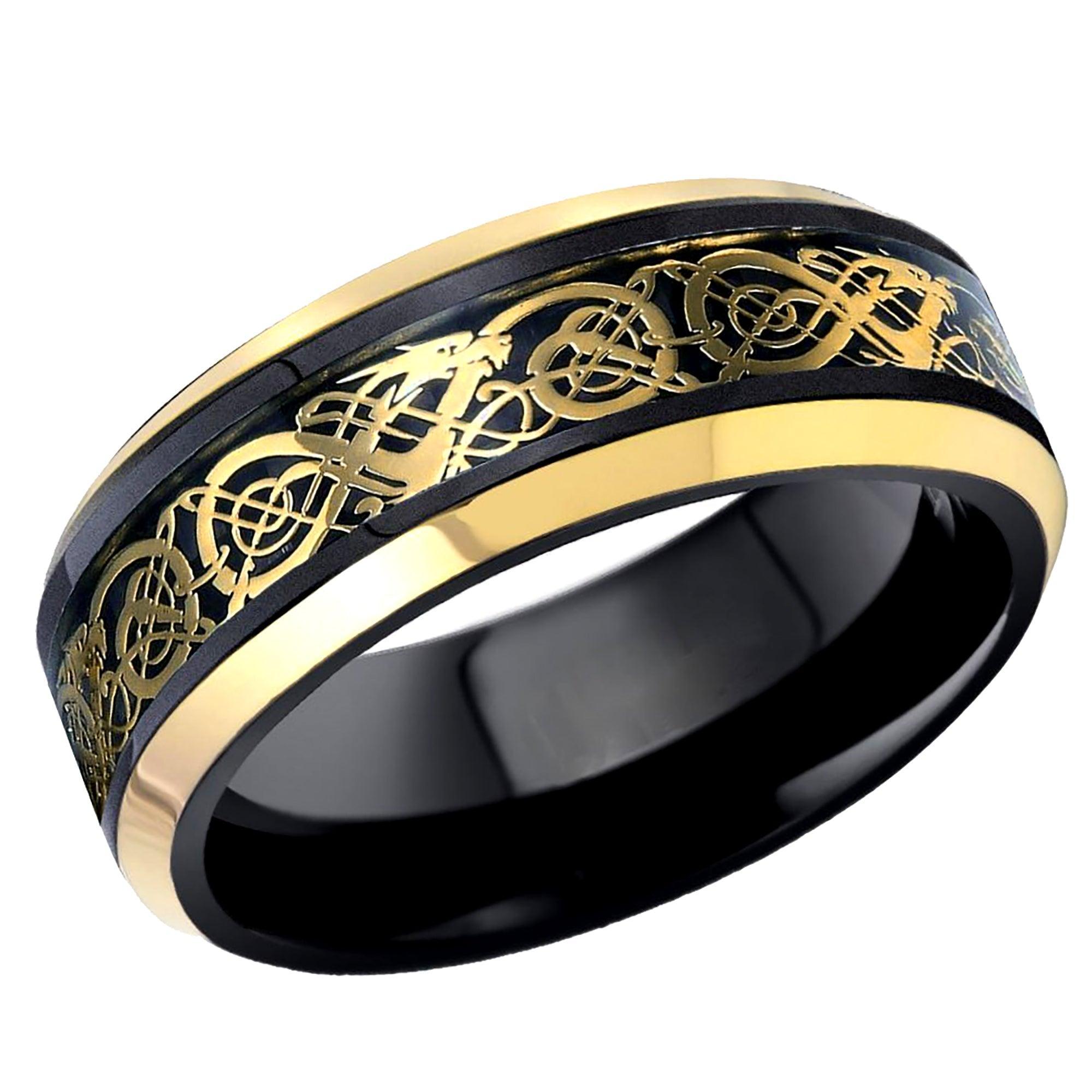 Tungsten Rings for Men Wedding Bands for Him Womens Wedding Bands for Her 6mm Black Yellow Gold Loyal Celtic Dragon Knot - Jewelry Store by Erik Rayo