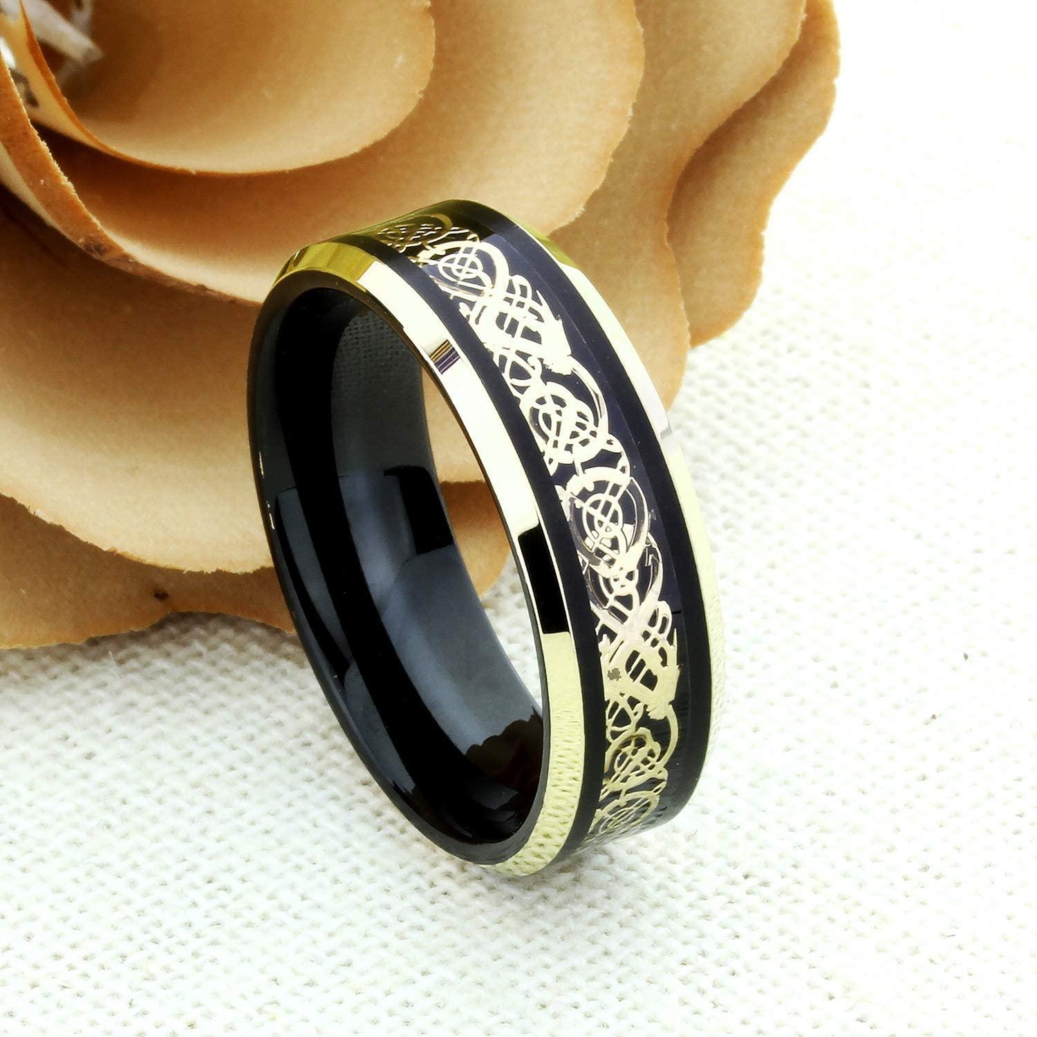 Tungsten Rings for Men Wedding Bands for Him Womens Wedding Bands for Her 6mm Black Yellow Gold Loyal Celtic Dragon Knot - Jewelry Store by Erik Rayo