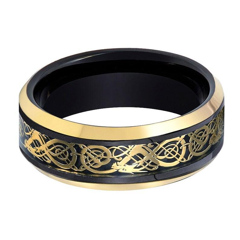 Tungsten Rings for Men Wedding Bands for Him Womens Wedding Bands for Her 6mm Black Yellow Gold Loyal Celtic Dragon Knot - Jewelry Store by Erik Rayo