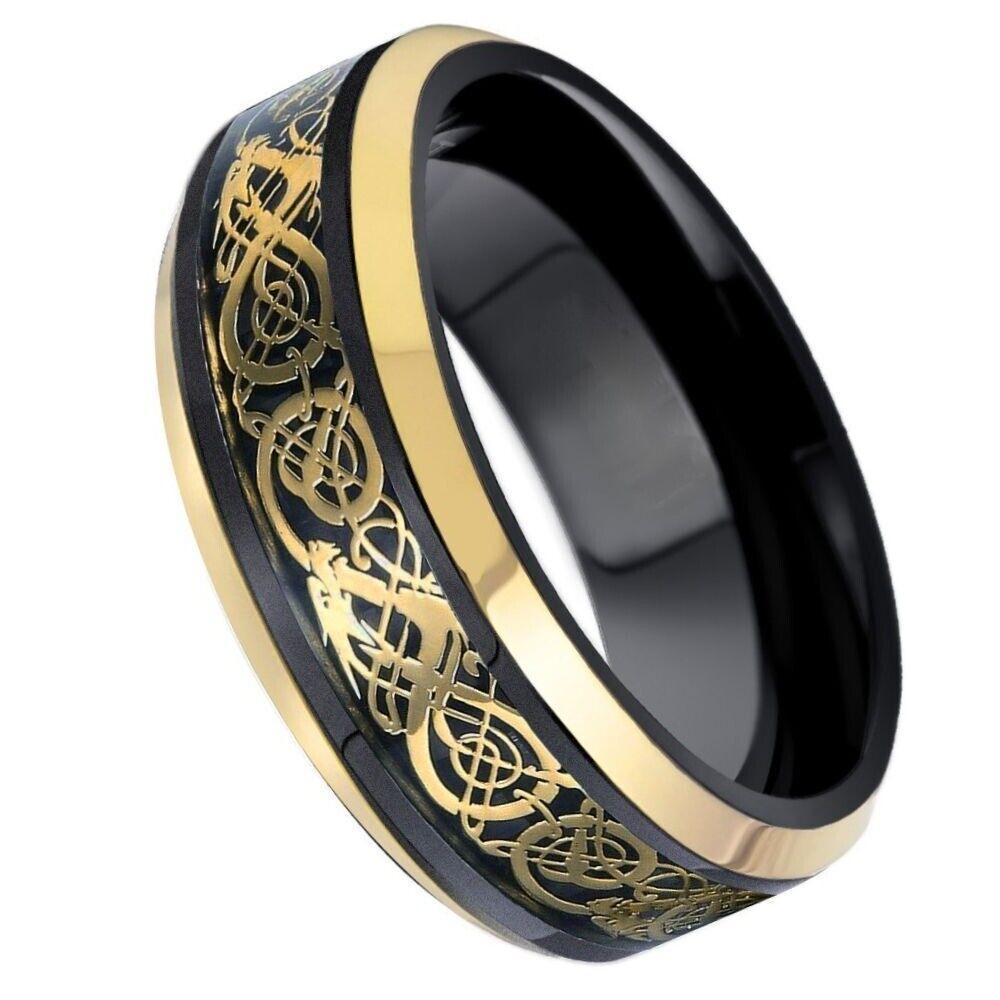 Tungsten Rings for Men Wedding Bands for Him Womens Wedding Bands for Her 6mm Black Yellow Gold Loyal Celtic Dragon Knot - Jewelry Store by Erik Rayo