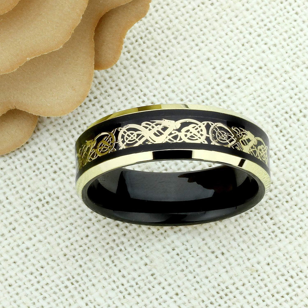 Tungsten Rings for Men Wedding Bands for Him Womens Wedding Bands for Her 6mm Black Yellow Gold Loyal Celtic Dragon Knot - Jewelry Store by Erik Rayo