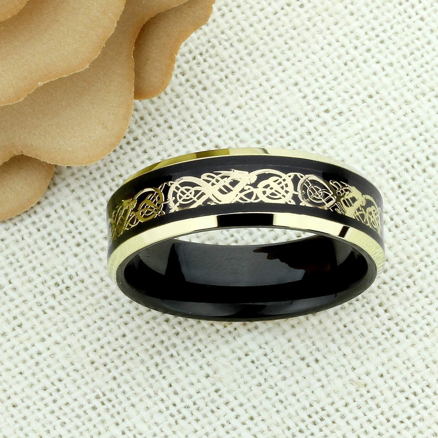 Tungsten Rings for Men Wedding Bands for Him Womens Wedding Bands for Her 6mm Black Yellow Gold Loyal Celtic Dragon Knot - Jewelry Store by Erik Rayo