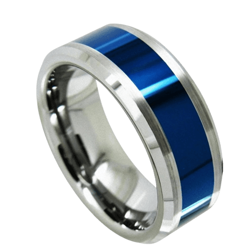 Men's Wedding Band - Blue Center Silver Brushed Edge Ring for Men and Women