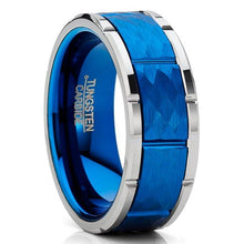 Load image into Gallery viewer, Tungsten Rings for Men Wedding Bands for Him Womens Wedding Bands for Her 6mm Blue Hammered Finish With Notches - Jewelry Store by Erik Rayo
