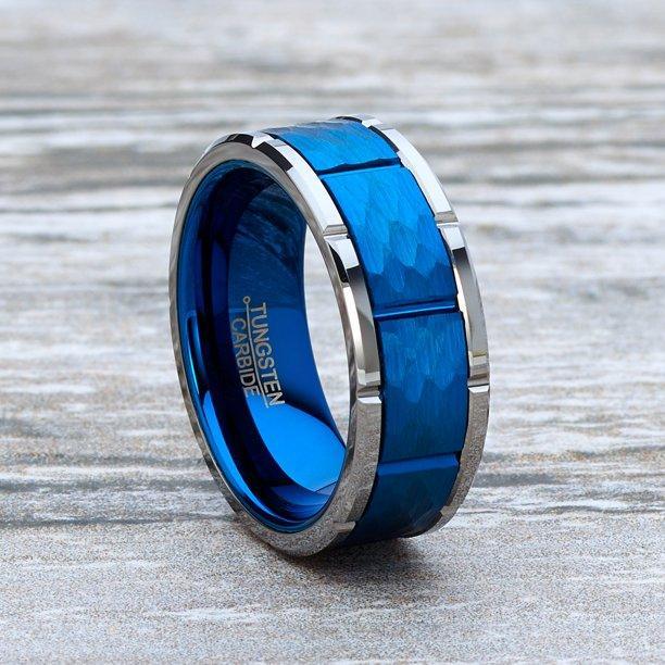 Tungsten Rings for Men Wedding Bands for Him Womens Wedding Bands for Her 6mm Blue Hammered Finish With Notches - Jewelry Store by Erik Rayo