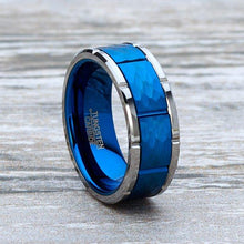 Load image into Gallery viewer, Tungsten Rings for Men Wedding Bands for Him Womens Wedding Bands for Her 6mm Blue Hammered Finish With Notches - Jewelry Store by Erik Rayo
