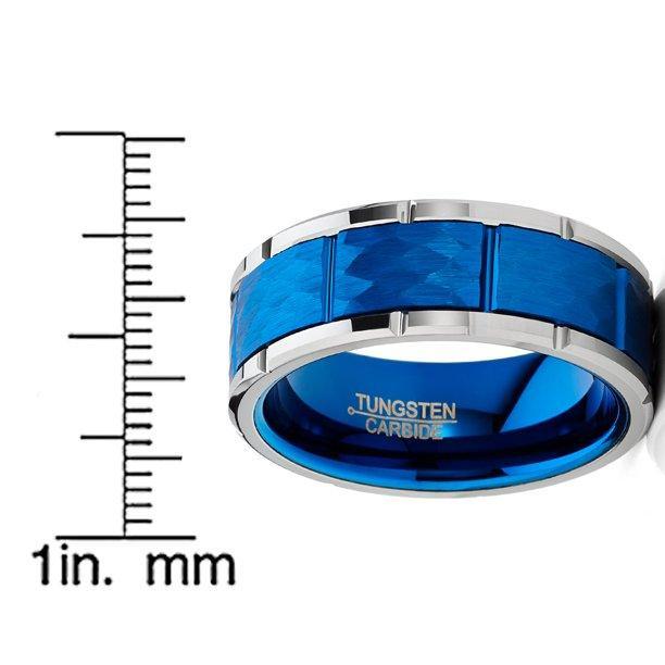 Tungsten Rings for Men Wedding Bands for Him Womens Wedding Bands for Her 6mm Blue Hammered Finish With Notches - Jewelry Store by Erik Rayo