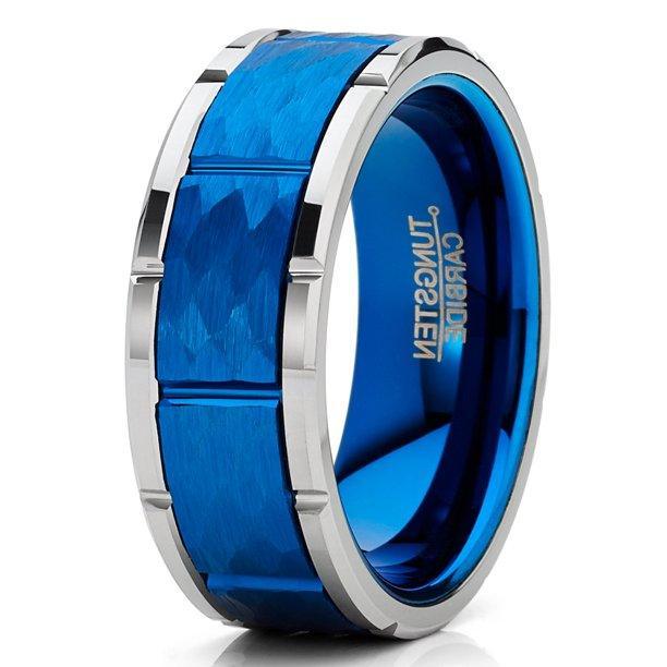 Tungsten Rings for Men Wedding Bands for Him Womens Wedding Bands for Her 6mm Blue Hammered Finish With Notches - Jewelry Store by Erik Rayo