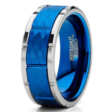 Load image into Gallery viewer, Tungsten Rings for Men Wedding Bands for Him Womens Wedding Bands for Her 6mm Blue Hammered Finish With Notches - Jewelry Store by Erik Rayo
