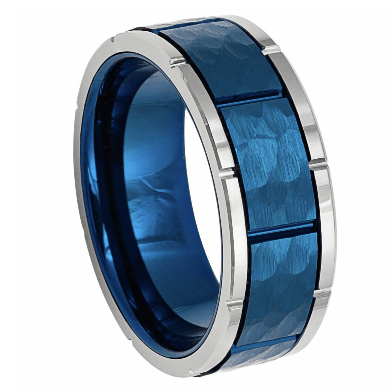 Tungsten Rings for Men Wedding Bands for Him Womens Wedding Bands for Her 6mm Blue Hammered Finish With Notches - Jewelry Store by Erik Rayo