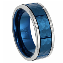 Load image into Gallery viewer, Tungsten Rings for Men Wedding Bands for Him Womens Wedding Bands for Her 6mm Blue Hammered Finish With Notches - Jewelry Store by Erik Rayo
