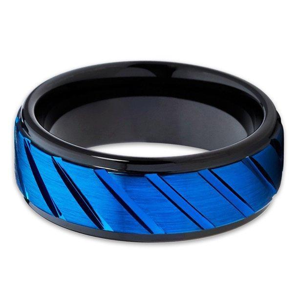 Tungsten Rings for Men Wedding Bands for Him Womens Wedding Bands for Her 6mm Blue IP Plated Diagonally Grooved - Jewelry Store by Erik Rayo