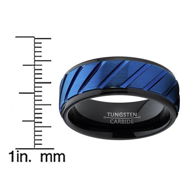 Tungsten Rings for Men Wedding Bands for Him Womens Wedding Bands for Her 6mm Blue IP Plated Diagonally Grooved - Jewelry Store by Erik Rayo