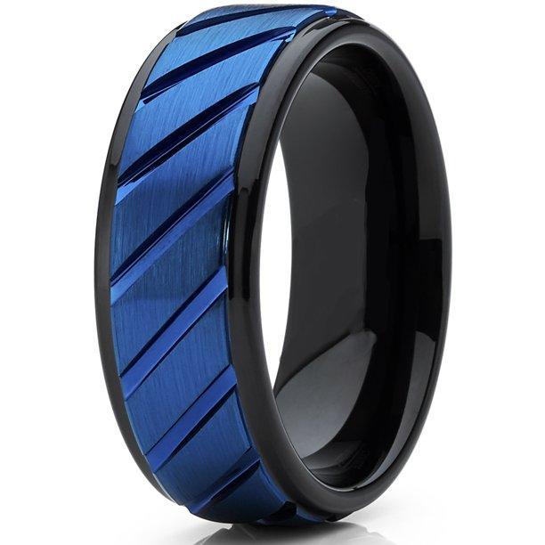 Tungsten Rings for Men Wedding Bands for Him Womens Wedding Bands for Her 6mm Blue IP Plated Diagonally Grooved - Jewelry Store by Erik Rayo