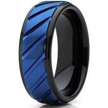 Load image into Gallery viewer, Tungsten Rings for Men Wedding Bands for Him Womens Wedding Bands for Her 6mm Blue IP Plated Diagonally Grooved - Jewelry Store by Erik Rayo
