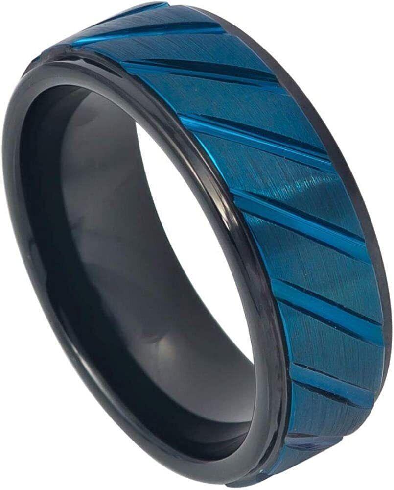 Tungsten Rings for Men Wedding Bands for Him Womens Wedding Bands for Her 6mm Blue IP Plated Diagonally Grooved - Jewelry Store by Erik Rayo