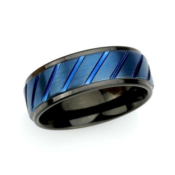 Tungsten Rings for Men Wedding Bands for Him Womens Wedding Bands for Her 6mm Blue IP Plated Diagonally Grooved - Jewelry Store by Erik Rayo