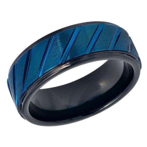 Tungsten Rings for Men Wedding Bands for Him Womens Wedding Bands for Her 6mm Blue IP Plated Diagonally Grooved - Jewelry Store by Erik Rayo