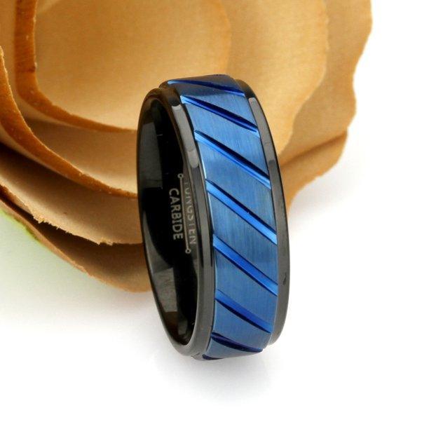Tungsten Rings for Men Wedding Bands for Him Womens Wedding Bands for Her 6mm Blue IP Plated Diagonally Grooved - Jewelry Store by Erik Rayo