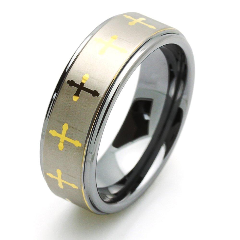 Tungsten Rings for Men Wedding Bands for Him Womens Wedding Bands for Her 6mm Brushed with Gold Cross - Jewelry Store by Erik Rayo