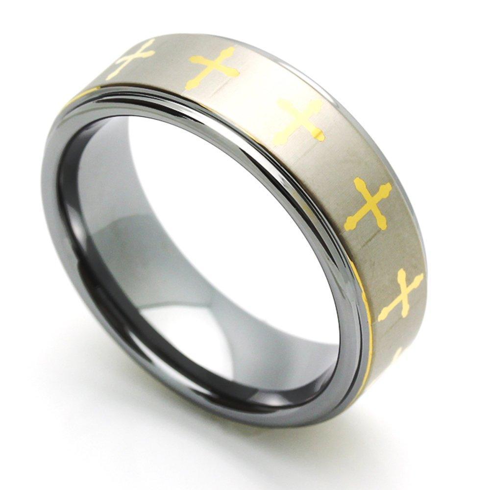 Tungsten Rings for Men Wedding Bands for Him Womens Wedding Bands for Her 6mm Brushed with Gold Cross - Jewelry Store by Erik Rayo