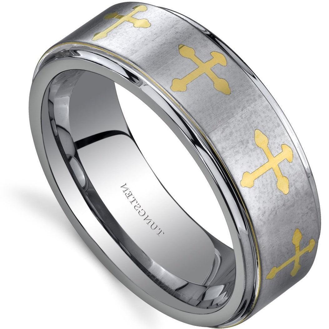 Tungsten Rings for Men Wedding Bands for Him Womens Wedding Bands for Her 6mm Brushed with Gold Cross - Jewelry Store by Erik Rayo