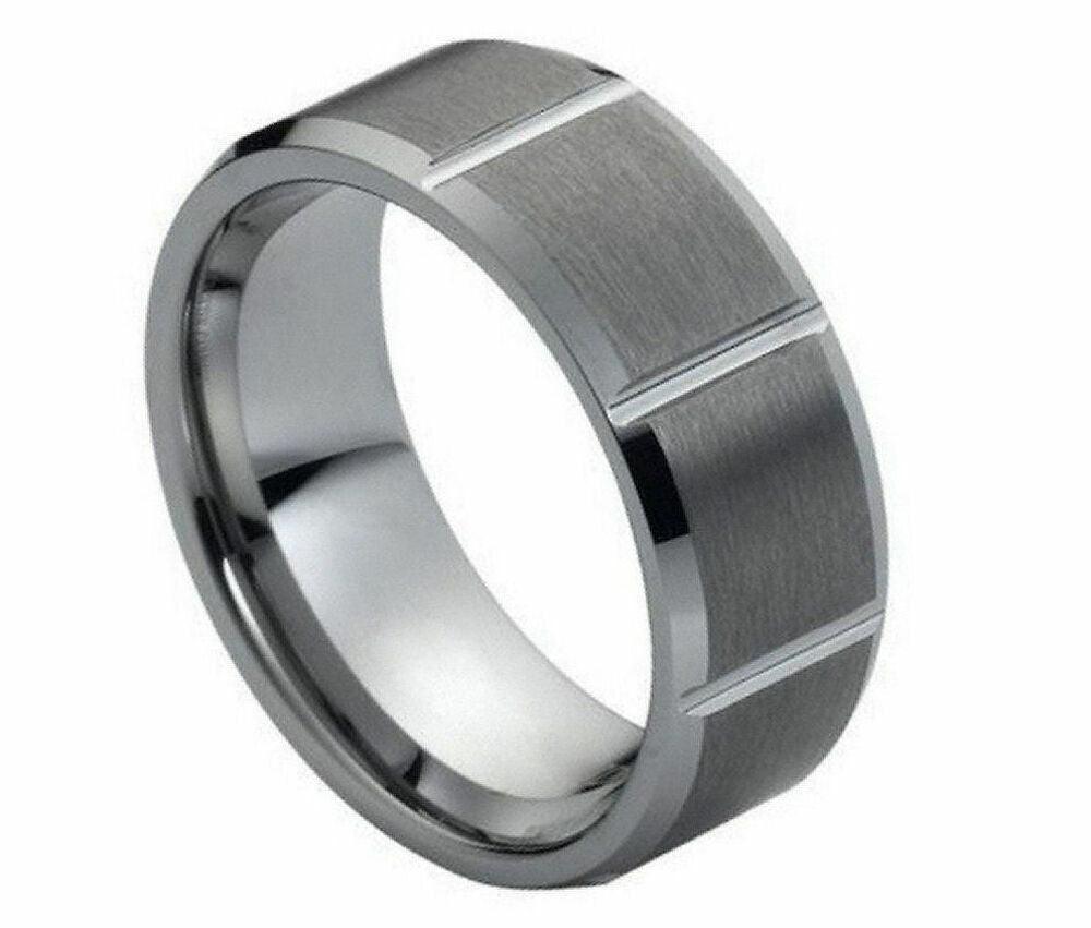 Tungsten Rings for Men Wedding Bands for Him Womens Wedding Bands for Her 6mm Brushed with Square Grooves - Jewelry Store by Erik Rayo