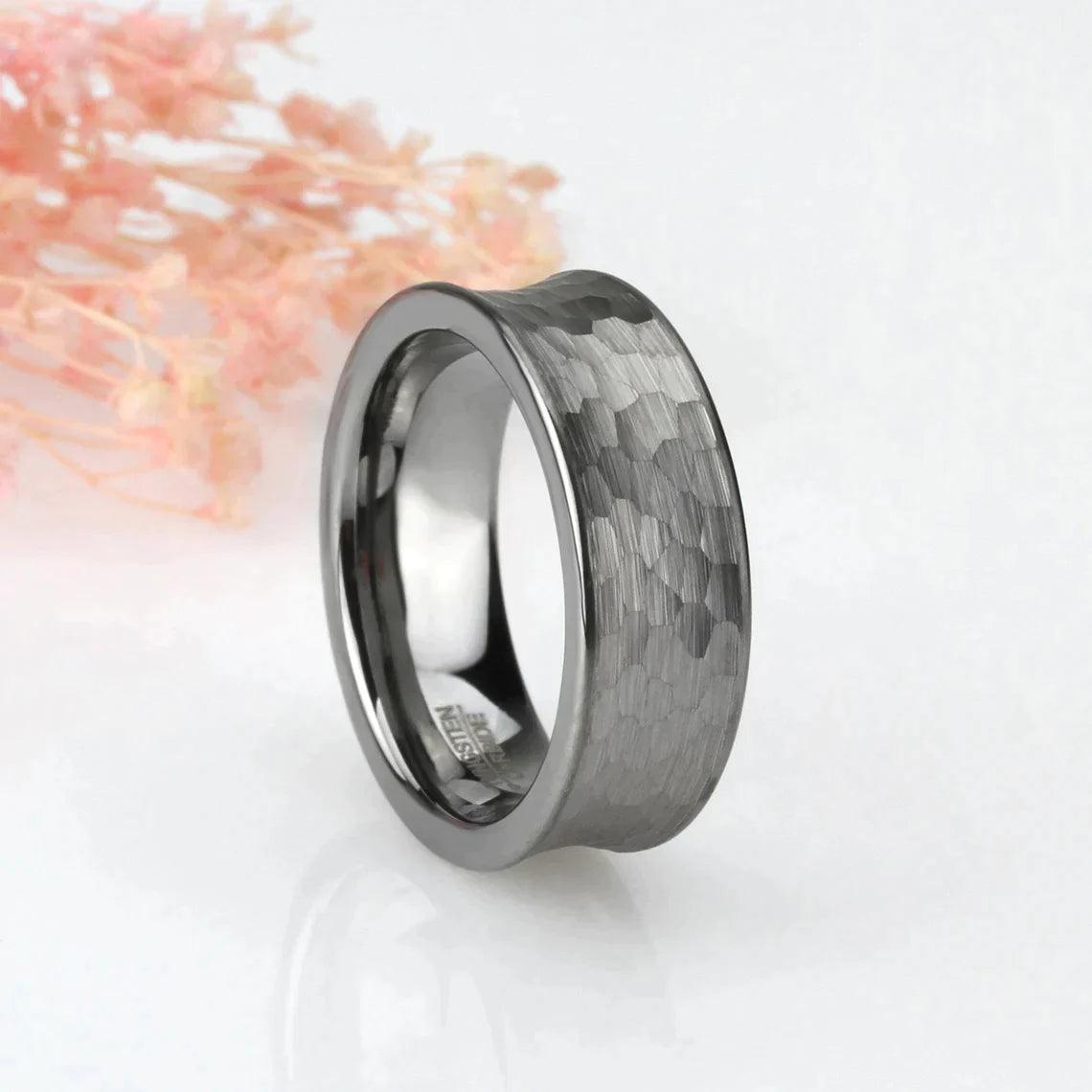 Tungsten Rings for Men Wedding Bands for Him Womens Wedding Bands for Her 6mm Concave Hammered Brush - Jewelry Store by Erik Rayo