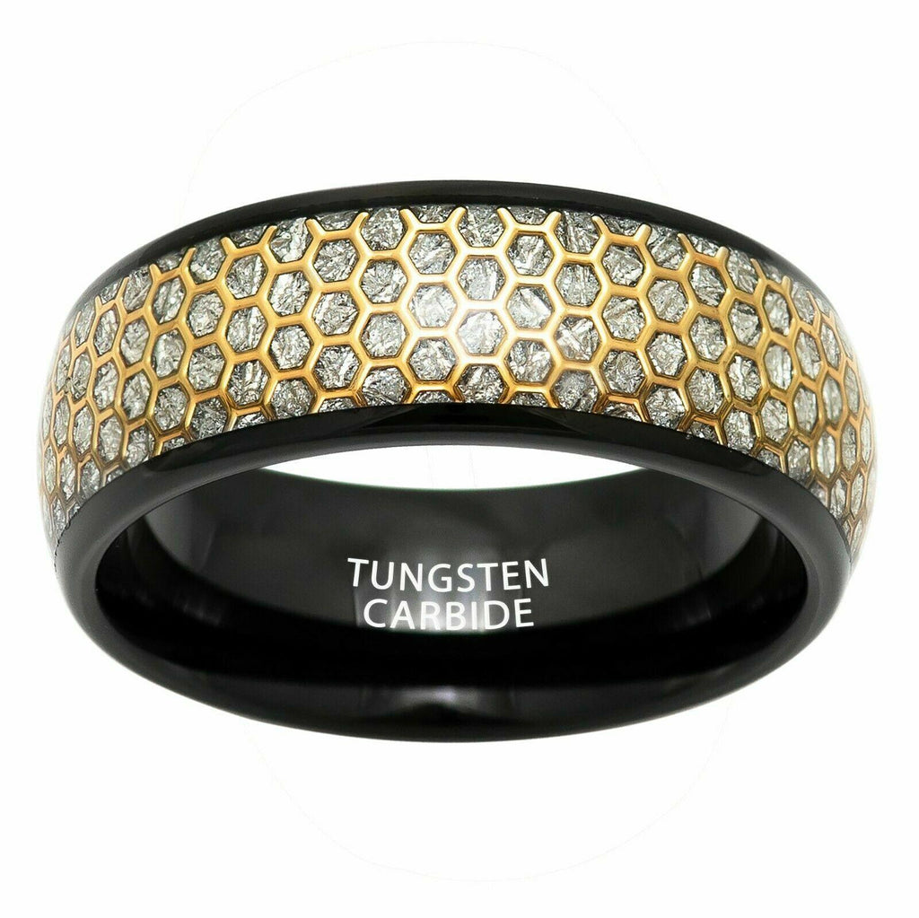 Tungsten Rings for Men Wedding Bands for Him Womens Wedding Bands for Her 6mm Dome Black IP Honeycomb Cutout Meteorite inlay - Jewelry Store by Erik Rayo