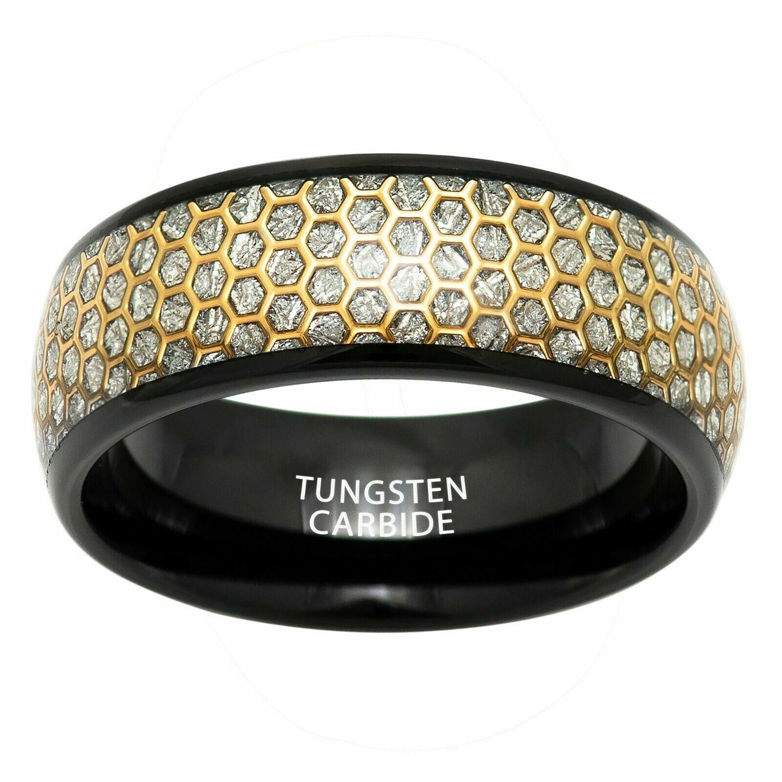 Tungsten Rings for Men Wedding Bands for Him Womens Wedding Bands for Her 6mm Dome Black IP Honeycomb Cutout Meteorite inlay - Jewelry Store by Erik Rayo