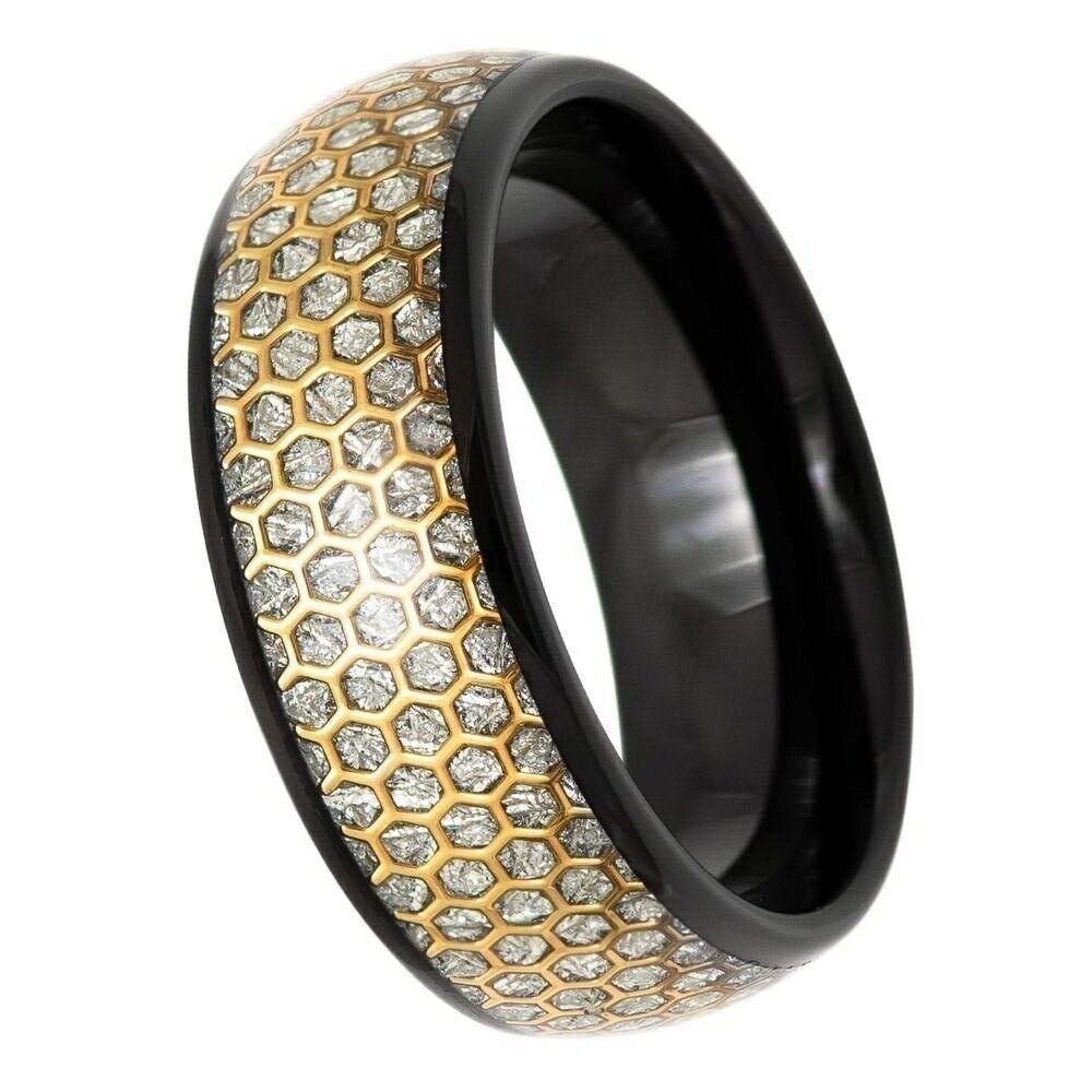 Tungsten Rings for Men Wedding Bands for Him Womens Wedding Bands for Her 6mm Dome Black IP Honeycomb Cutout Meteorite inlay - Jewelry Store by Erik Rayo