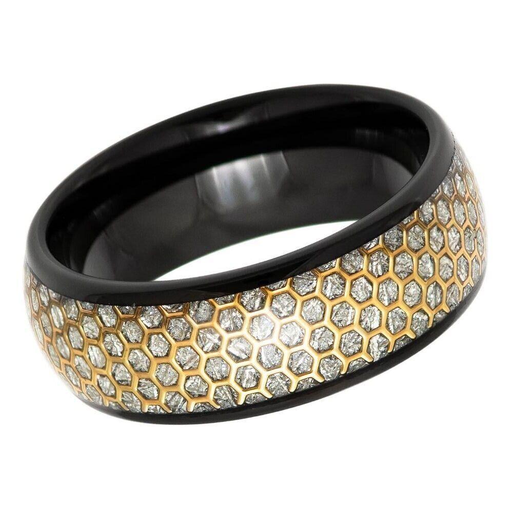Tungsten Rings for Men Wedding Bands for Him Womens Wedding Bands for Her 6mm Dome Black IP Honeycomb Cutout Meteorite inlay - Jewelry Store by Erik Rayo