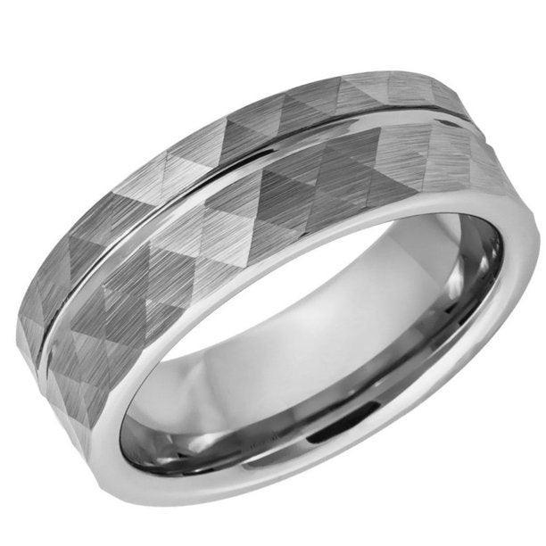 Tungsten Rings for Men Wedding Bands for Him Womens Wedding Bands for Her 6mm Faceted Diamond Cut Brushed Groove Line - Jewelry Store by Erik Rayo