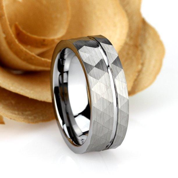 Tungsten Rings for Men Wedding Bands for Him Womens Wedding Bands for Her 6mm Faceted Diamond Cut Brushed Groove Line - Jewelry Store by Erik Rayo