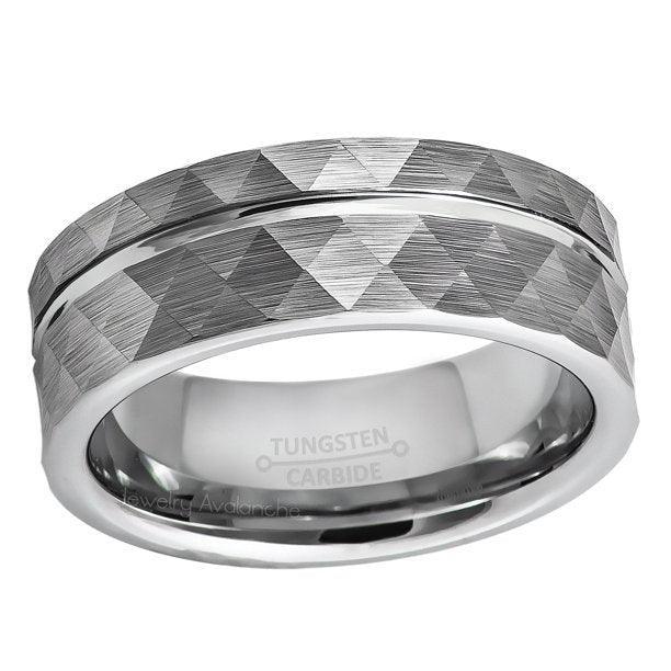 Tungsten Rings for Men Wedding Bands for Him Womens Wedding Bands for Her 6mm Faceted Diamond Cut Brushed Groove Line - Jewelry Store by Erik Rayo
