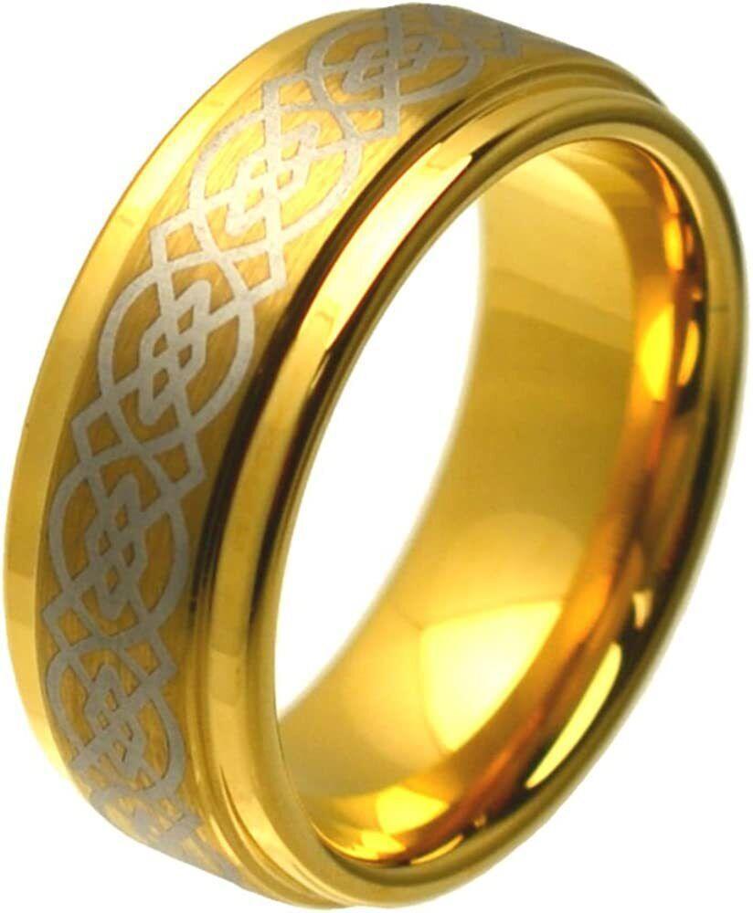 Tungsten Rings for Men Wedding Bands for Him Womens Wedding Bands for Her 6mm Gold Plated Brushed Center Celtic Design - Jewelry Store by Erik Rayo