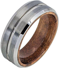 Load image into Gallery viewer, Tungsten Rings for Men Wedding Bands for Him Womens Wedding Bands for Her 6mm Grooved Center Brushed Finish Beveled Wood Inside - Jewelry Store by Erik Rayo
