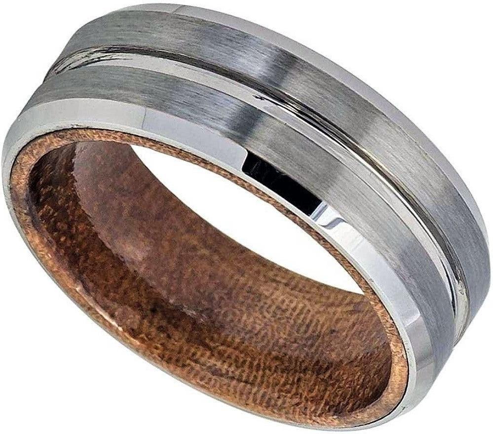 Tungsten Rings for Men Wedding Bands for Him Womens Wedding Bands for Her 6mm Grooved Center Brushed Finish Beveled Wood Inside - Jewelry Store by Erik Rayo