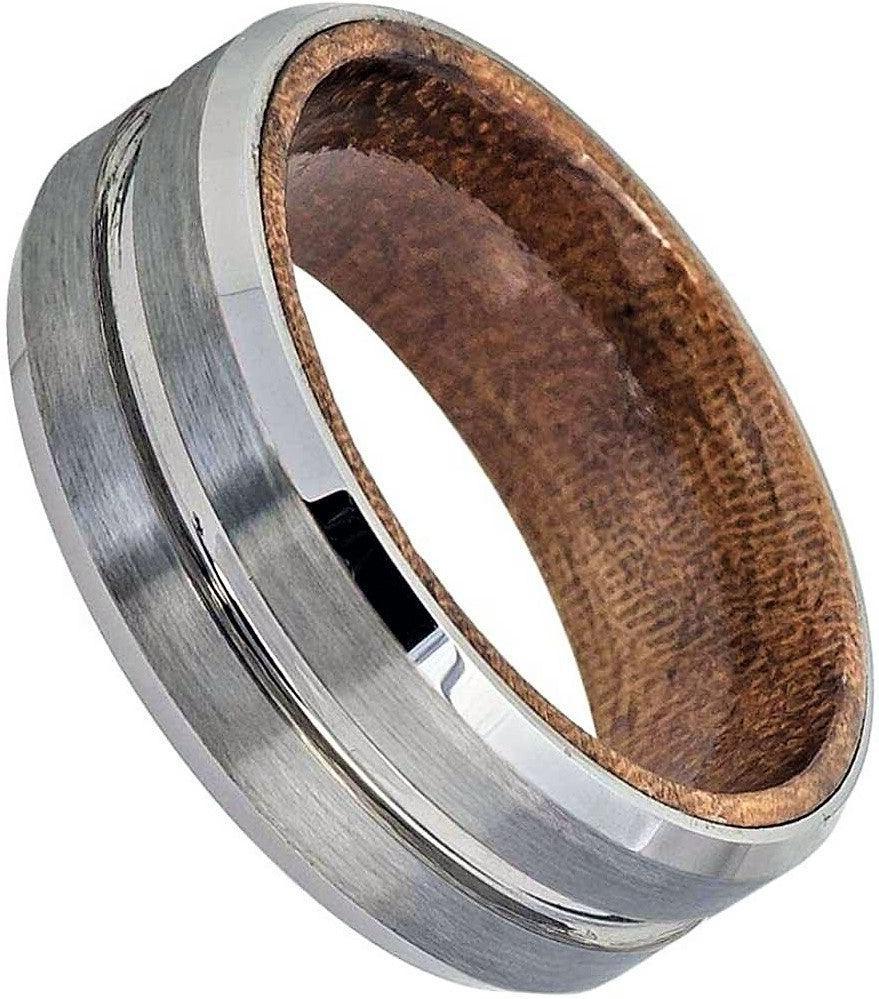 Tungsten Rings for Men Wedding Bands for Him Womens Wedding Bands for Her 6mm Grooved Center Brushed Finish Beveled Wood Inside - Jewelry Store by Erik Rayo