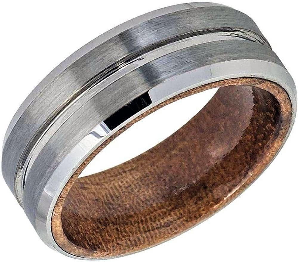 Tungsten Rings for Men Wedding Bands for Him Womens Wedding Bands for Her 6mm Grooved Center Brushed Finish Beveled Wood Inside - Jewelry Store by Erik Rayo