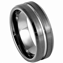 Load image into Gallery viewer, Tungsten Rings for Men Wedding Bands for Him Womens Wedding Bands for Her 6mm Gun Metal Grooved Center Beveled Edge - Jewelry Store by Erik Rayo
