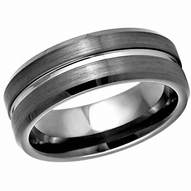 Tungsten Rings for Men Wedding Bands for Him Womens Wedding Bands for Her 6mm Gun Metal Grooved Center Beveled Edge - Jewelry Store by Erik Rayo