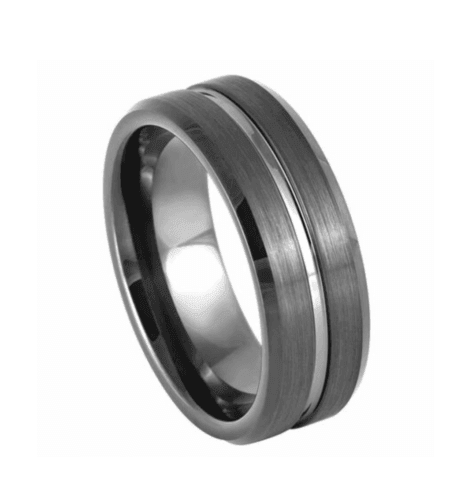 Tungsten Rings for Men Wedding Bands for Him Womens Wedding Bands for Her 6mm Gun Metal Grooved Center Beveled Edge - Jewelry Store by Erik Rayo