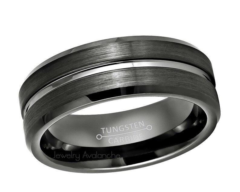 Tungsten Rings for Men Wedding Bands for Him Womens Wedding Bands for Her 6mm Gun Metal Grooved Center Beveled Edge - Jewelry Store by Erik Rayo