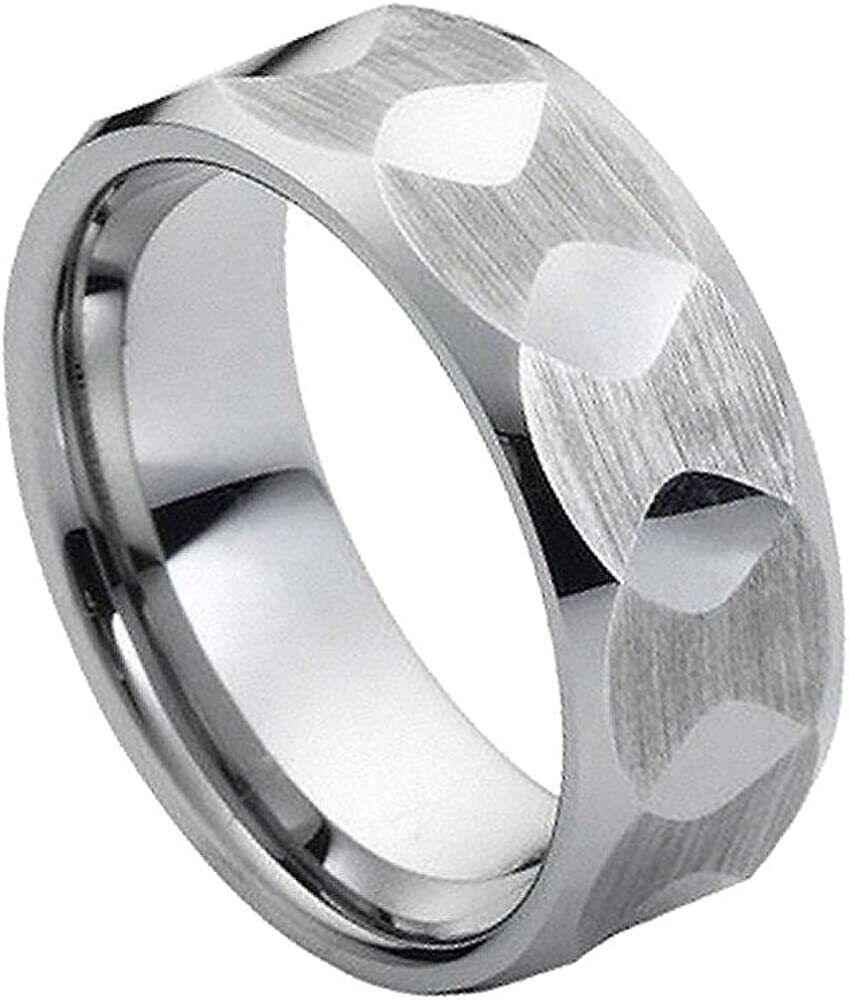 Tungsten Rings for Men Wedding Bands for Him Womens Wedding Bands for Her 6mm Hammered Beveled Edge Brushed with Shiny Facet - Jewelry Store by Erik Rayo