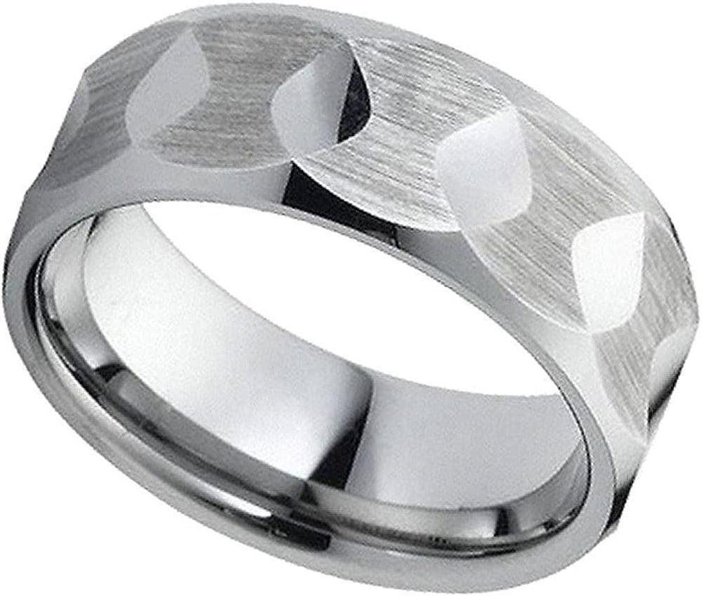 Tungsten Rings for Men Wedding Bands for Him Womens Wedding Bands for Her 6mm Hammered Beveled Edge Brushed with Shiny Facet - Jewelry Store by Erik Rayo