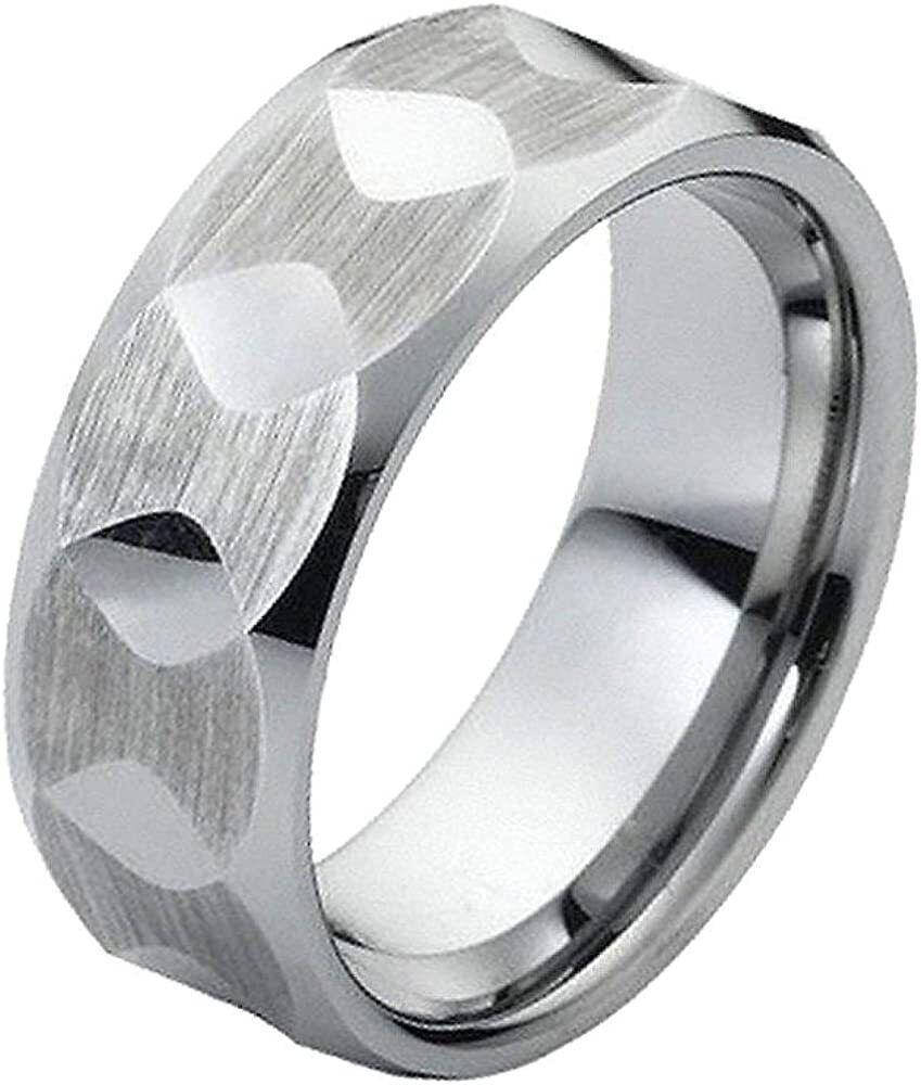 Tungsten Rings for Men Wedding Bands for Him Womens Wedding Bands for Her 6mm Hammered Beveled Edge Brushed with Shiny Facet - Jewelry Store by Erik Rayo