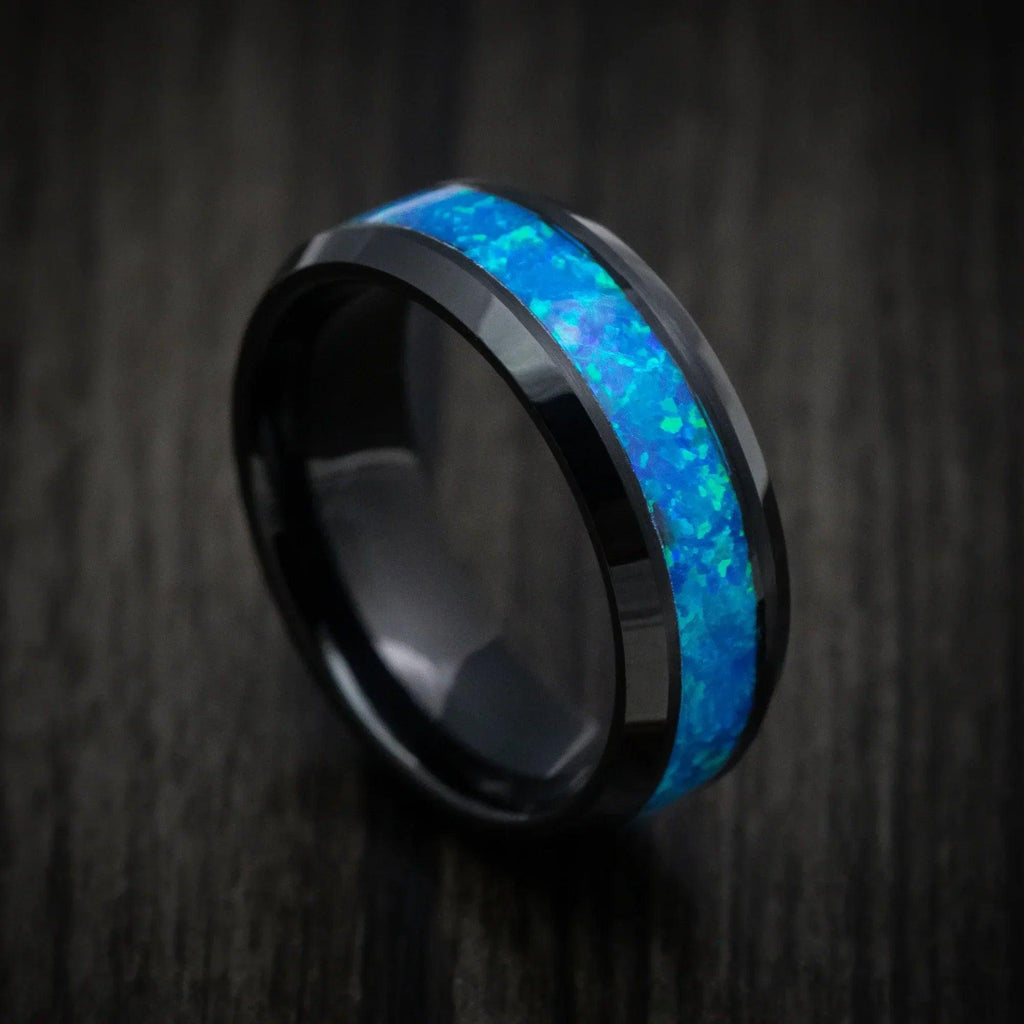 Tungsten Rings for Men Wedding Bands for Him Womens Wedding Bands for Her 6mm Hawaiian Ocean Opal Blue Inlay - Jewelry Store by Erik Rayo