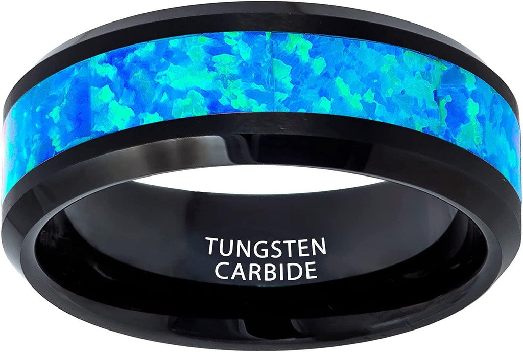Tungsten Rings for Men Wedding Bands for Him Womens Wedding Bands for Her 6mm Hawaiian Ocean Opal Blue Inlay - Jewelry Store by Erik Rayo